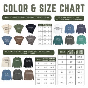 以下が含まれることがあります： ユニセックスの大人用Tシャツとスウェットシャツのカラーとサイズチャート。チャートには、さまざまな色のTシャツとスウェットシャツが示されており、対応するサイズとインチ単位の寸法が示されています。サイズはSから4XLまでです。