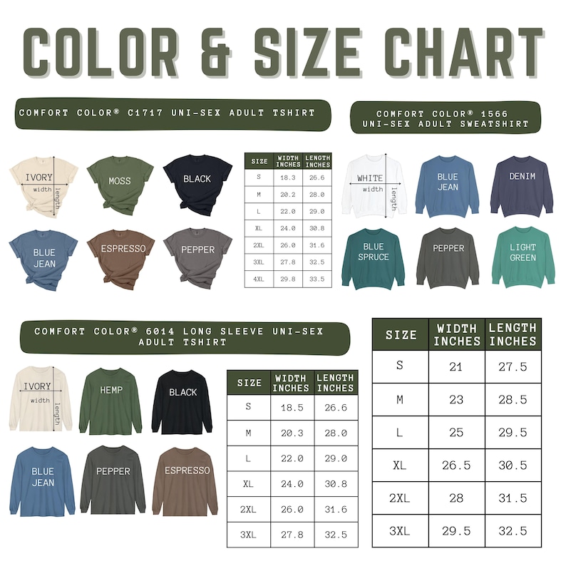 以下が含まれることがあります： ユニセックスの大人用Tシャツとスウェットシャツのカラーとサイズチャート。チャートには、さまざまな色のTシャツとスウェットシャツが示されており、対応するサイズとインチ単位の寸法が示されています。サイズはSから4XLまでです。