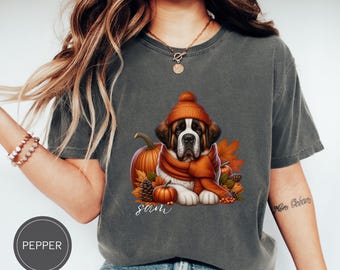 Custom Saint Bernard Dog Shirt, Personalized Comfort Colors Fall Dog Shirt, Dog Name Shirt, Saint Bernard Lover, Dog Halloween Shirt