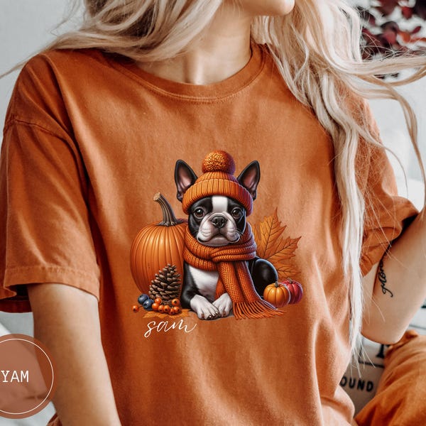 Camiseta personalizada para perro Boston Terrier, colores cómodos y personalizados para otoño, con nombre para perro, ideal como regalo para amantes de los perros y dueños de perros, para Halloween.