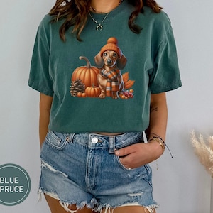 Op de afbeelding: Een tealblauw t-shirt met een afbeelding van een teckel die een bruine en oranje gebreide muts en sjaal draagt, zittend naast een pompoen en ander herfstblad.