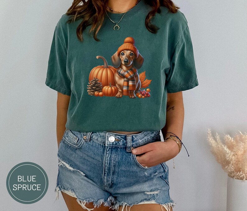 Op de afbeelding: Een tealblauw t-shirt met een afbeelding van een teckel die een bruine en oranje gebreide muts en sjaal draagt, zittend naast een pompoen en ander herfstblad.