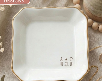 Monogram Initials Wedding Ring Dish, Custom Minimalist Simple Keepsake, Elegant Bridal Shower Trinket Tray for Her, Couple Initial Date