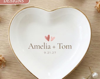 Heart Ring Dish Personalized, Custom Couple Names, Watercolor Hearts Design, Wedding Date Keepsake, Romantic Bridal Gift for Her Anniversary