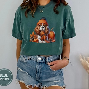 May include: A green t-shirt with a cartoon image of a Cavalier King Charles Spaniel wearing a brown and orange hat and scarf, surrounded by pumpkins and fall leaves.