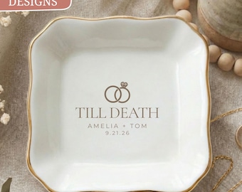 Wedding Ring Dish Personalized, Custom Names and Date, Till Death Do Us Part, Interlocking Rings, Fall Bridal Trinket Tray, Gift for Bride
