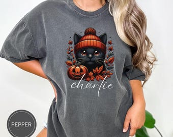 Comfort Colors Cat Halloween Shirt, Black Cat Fall Shirt, Custom Gift For Black Cat Owner, Personalized Bombay Cat TShirt Gift For Cat Mom