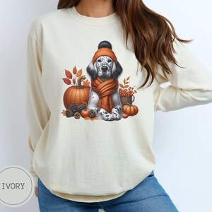 May include: A cream-colored long-sleeved sweatshirt with a graphic of a dog wearing a knitted hat and scarf, surrounded by pumpkins and fall leaves.