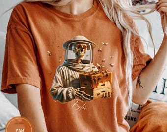 Camiseta de apicultura personalizada, camiseta de Halloween con esqueleto de apicultor, sudadera divertida para amantes de las abejas, bonito regalo gótico de abeja para apicultor