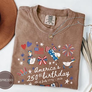 May include: Espresso-coloured t-shirt with a graphic celebrating America's 250th birthday. The design includes cartoon geese, fireworks, flags, and the text "America's 250th birthday 4th of July 1776-2026". A silver necklace is draped across the shirt.