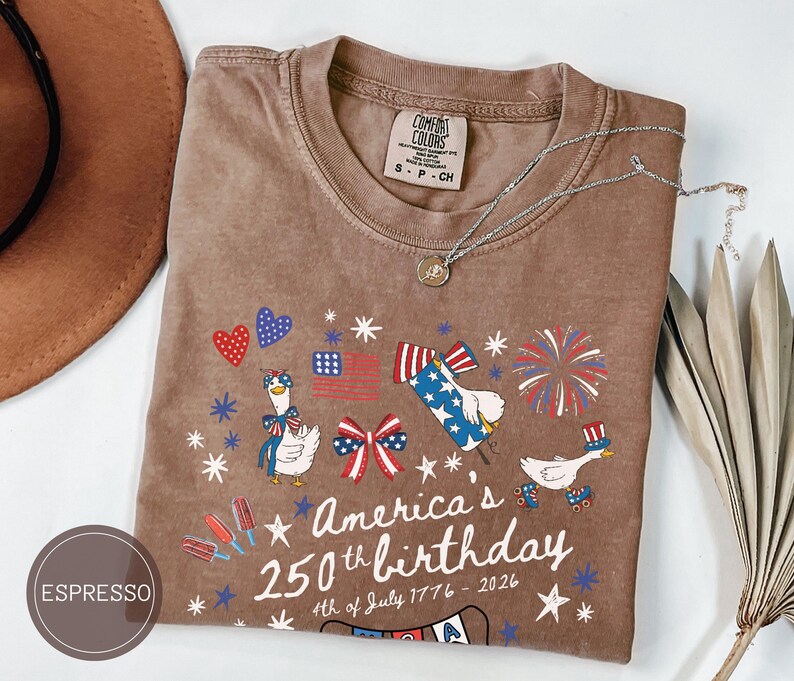 May include: Espresso-coloured t-shirt with a graphic celebrating America's 250th birthday. The design includes cartoon geese, fireworks, flags, and the text "America's 250th birthday 4th of July 1776-2026". A silver necklace is draped across the shirt.