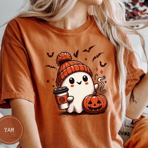 Halloween Coffee Ghost Shirt, Comfort Colors Halloween Shirt, Cute Ghost Shirt, Retro Halloween Ghost Tshirt, Cute Fall Shirt For Women
