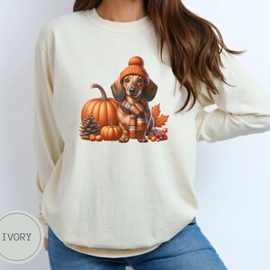Op de afbeelding: Een wit longsleeve sweatshirt met een schattige illustratie van een teckel die een bruine en oranje hoed en sjaal draagt, omringd door pompoenen en herfstbladeren.
