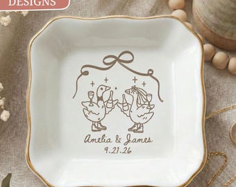 Wedding Ring Dish Custom Name, Silly Goose Coquette Personalized Couple Name Date Wedding Trinket Tray, Keepsake Bridal Shower Gift for Her