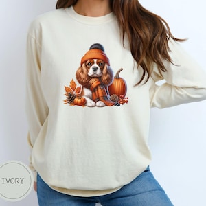 May include: A cream-colored long-sleeved sweatshirt with a graphic of a Cavalier King Charles Spaniel wearing a brown and orange hat and scarf, surrounded by fall leaves and a pumpkin.