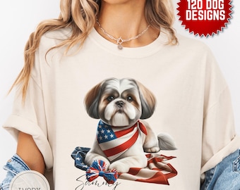 May include: A white t-shirt featuring a cute illustration of a Shih Tzu dog wearing a red, white and blue bandana and lying on an American flag. The dog's name, "Sammy", is written below the image.