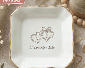 Locket Hearts Ring Dish, Personalized Initials, Custom Wedding Date, Coquette Bow Trinket Tray, Engagement Gift Idea for Her Bridal Shower