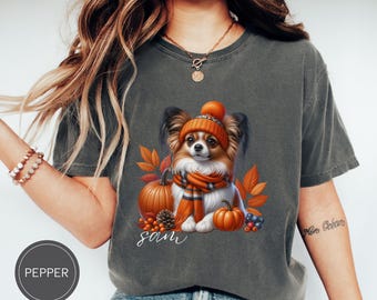 Sudadera personalizada para perros Papillon, Camiseta de otoño Comfort Colors para mascotas, Regalo para mamá de cachorros Papillon en otoño/Halloween, Suéter personalizado para criadores de perros