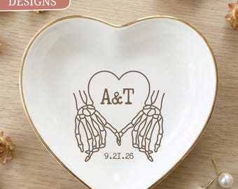 Skeleton Hands Ring Dish, Personalized Initials and Date, Gothic Engagement Gift, Heart Trinket Tray, Gothic Fall Wedding Present for Her