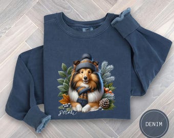 Custom Sheltie Shetland Sheepdog Dog Christmas Sweatshirt, Comfort Colors Sheltie Dog Christmas Shirt, Personalized Dog Mom Lover Sweater