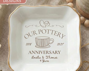 Regalo de noveno aniversario para esposa, plato de cerámica personalizado para anillos de aniversario, recuerdo de nueve años de casados, bandeja de joyería personalizada para parejas.