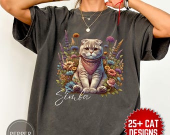 Benutzerdefinierte Scottish Fold Cat Shirt, Komfortfarben personalisiertes Katzen-Sweatshirt, Katzenporträt-T-Shirt, benutzerdefinierte Haustier-Pullover, Katzenmutter-Liebhaber-Geschenk