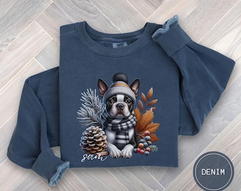 Moletom personalizado de Natal para cachorro Boston Terrier, camiseta de Natal para cachorro Comfort Colors, presente para mãe de cachorro Boston Terrier, suéter personalizado para cachorro