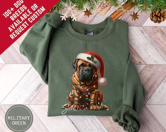 Custom Bullmastiff Christmas Dog Sweatshirt, Personalized Dog Christmas Gift For Pet Lover, Family Matching Dog Holiday Shirt For Kids