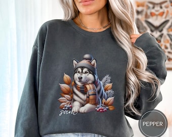 Custom Malamute Dog Christmas Sweatshirt, Comfort Colors Dog Christmas Shirt Alaskan Malamute Mom Gift, Personalized Malamute Lover Sweater