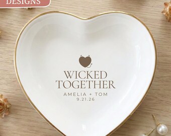 Personalized Wedding Ring Dish, Custom Name Date, Wicked Together, Fall Engagement Gift, Devil Heart Trinket Tray, Bride Present for Her