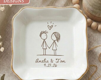 Cute Couple Ring Dish, Personalized Engagement Names and Date, Cute Wedding Gift, Hand Drawn Heart Trinket Tray for Her, Anniversary Present