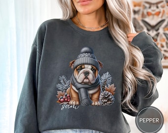 Custom English Bulldog Christmas Sweatshirt, Comfort Colors Dog Christmas Shirt, Bulldog Mom Gift Personalized Dog Sweater Owner Gift