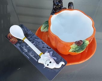 Happy Halloween Pumpkin  Tea/ Coffee Cup and Saucer with Spoon Set Vintage