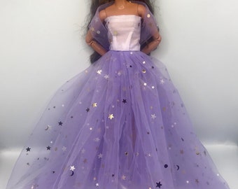 Purple stars and moons dolls dress  Bridal  clothes doll dress ball gown.poppy Parker FA