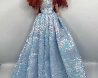 Dolls mermaid sky blue sequin full length dress.  Very beautiful eye catching prom dress cocktail dress for dolls