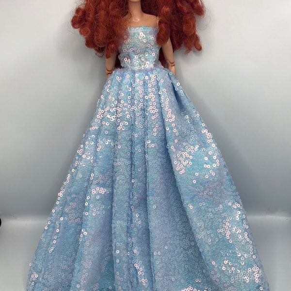 Dolls mermaid sky blue sequin full length dress.  Very beautiful eye catching prom dress cocktail dress for dolls