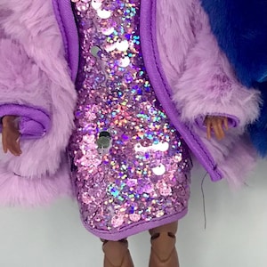 Dolls purple sequin dress dolls fur coat and dolls shoes. 3pc outfit