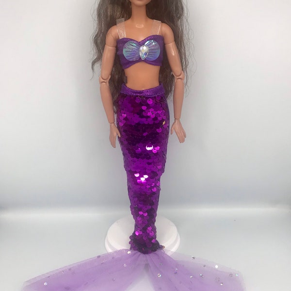 Purple colour dolls mermaid outfit sequins very pretty for dolls dressing up mermaid