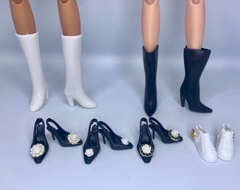 6 pairs of footwear for standard size 30cm doll. 3 black dolls high heel with camellia flower embellishment 2 boots and dolls trainers