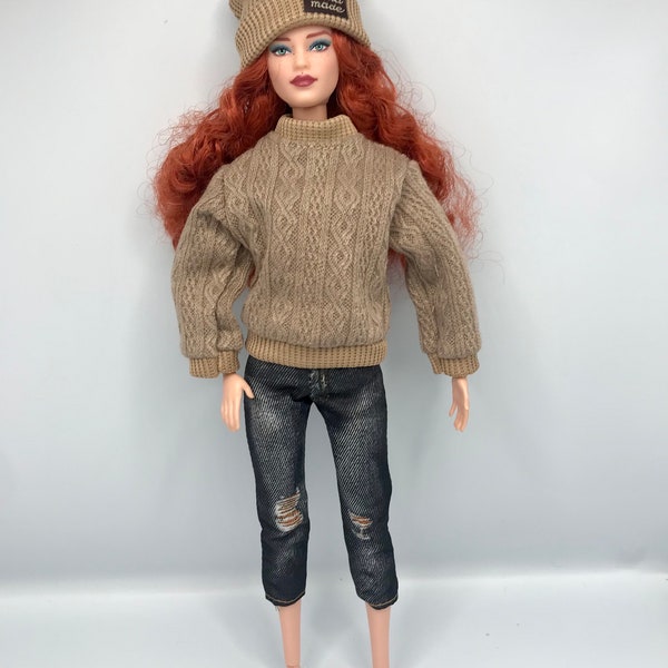 4pc casual dolls clothes. Dolls jumper dolls trainers dolls jeggings and hat. Full outfit