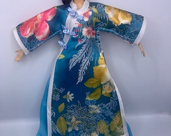 blue floral dress dolls Chinese Cheongsam robe with dress floral dolls clothes 30cm dolls outfit dressing gown for doll