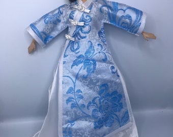 Light blue floral and white dress dolls Chinese Cheongsam robe with dress floral dolls clothes 30cm dolls outfit dressing gown for doll