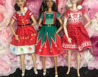 9pc set 3 Doll Christmas outfit dolls Christmas dress , 3 hat and 3 dolls shoes