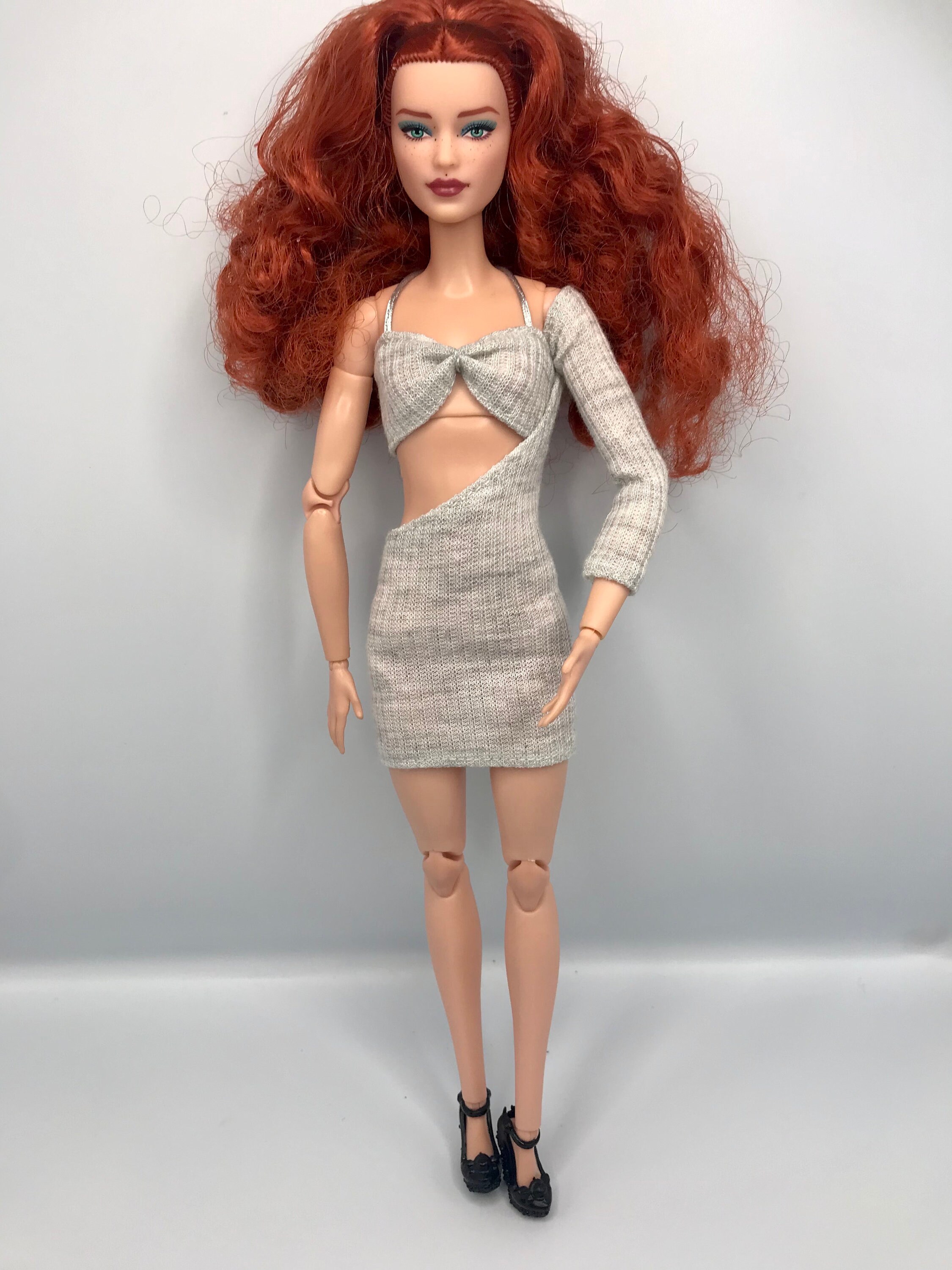 Grey dolls bra top and skirt dress one sleeve  with shoes. Dolls party outfit. Dolls disco clothes