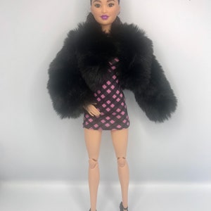 Dolls faux fur coat , dolls dress and shoes . Dolls full outfit