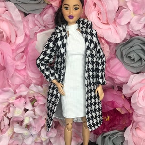 3pc set. Coat halter neck white dress and shoes calf length trench smart coat high quality dolls jacket dolls outerwear