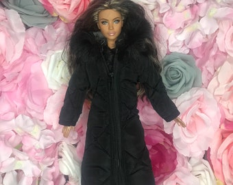 Dolls black parka style winter coat for dolls. Dolls black long winter coat with hood