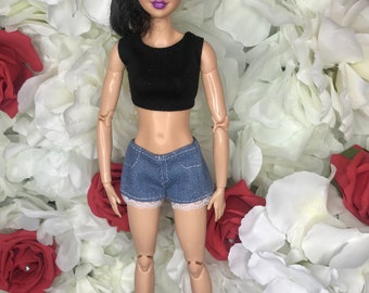 3pc dolls shorts set. Jean shorts black crop top and shoes. Dolls summer clothes. Dolls full outfit denim shorts for dolls