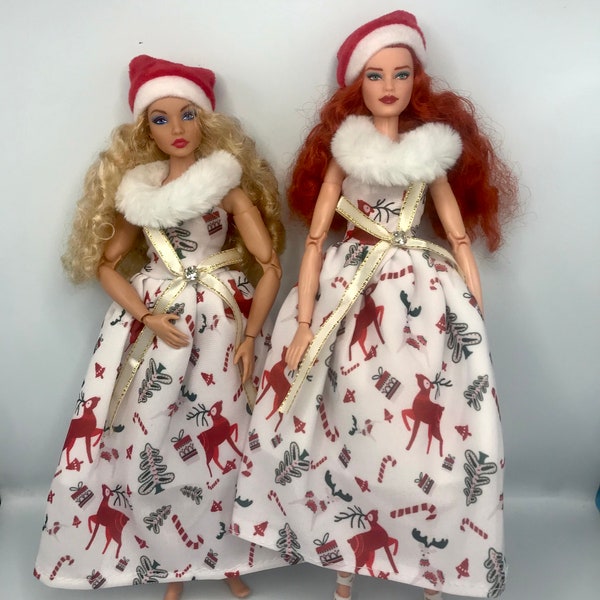 Christmas Doll white and red green with Reindeers and presents  Christmas outfit dolls Christmas dress shawl hat and fits curvy doll too