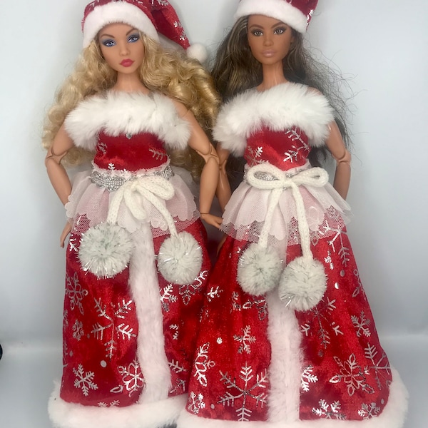 Doll red and silver Christmas outfit dolls Christmas dress shawl hat and fits curvy doll too